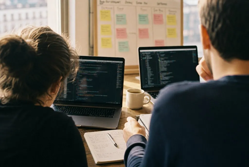 Deux personnes vues de dos en session de travail, laptops ouverts devant un tableau de suivi