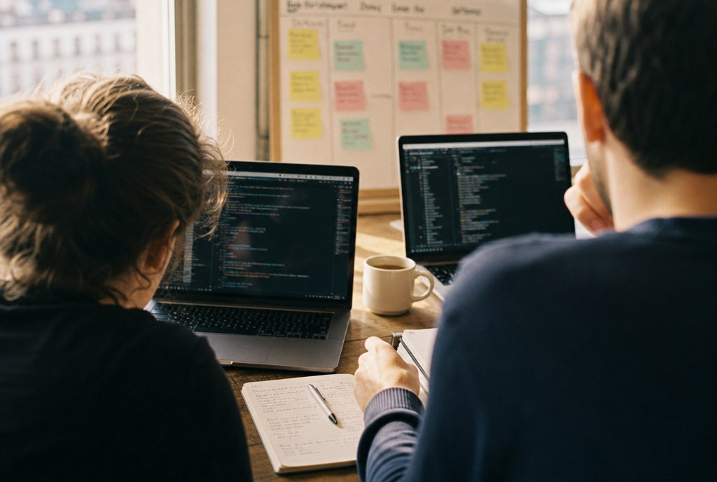 Deux personnes vues de dos en session de travail, laptops ouverts devant un tableau de suivi